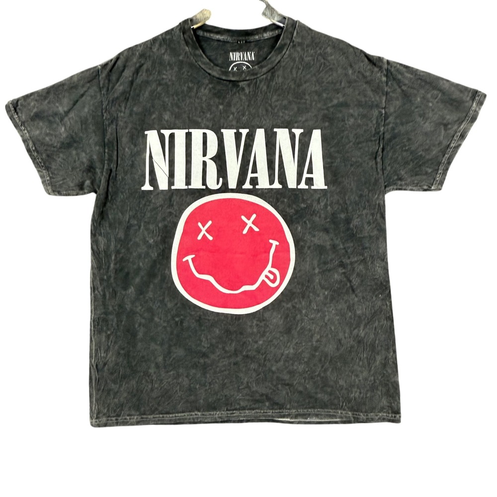 Nirvana Band Tee Mens Large Black Live '93 Smiley Face Graphic T-Shirt Retro